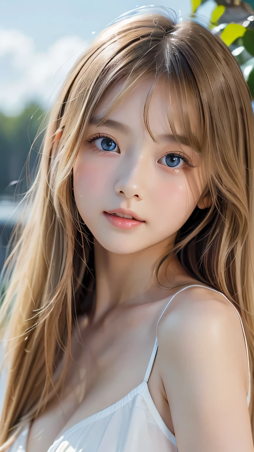 A perfectly beautiful face、Super long messy silky beautiful blonde、Beautiful cute girl 、Sexy and very beautiful cute face、Beautiful cute sexy bright pale sky blue big eyes、Long beautiful bangs、Very super long beautiful blonde shiny silky hair、Very white skin、Cheek gloss、Glossy skin、eyeliner、A peerless beauty、Hair above the eyes、片Hair above the eyes、Hair between the eyes、