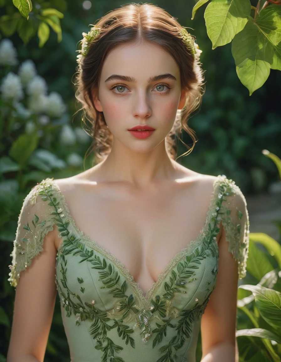 a beautiful detailed girl in a garden, 1girl, detailed eyes, detailed lips, longeyelashes, beautiful dress, serene expression, (best quality,4k,8k,highres,masterpiece:1.2),ultra-detailed,(realistic,photorealistic,photo-realistic:1.37),digital painting, trending on ArtStation, vibrant colors, cinematic lighting, highly detailed foliage, lush greenery, warm sunlight