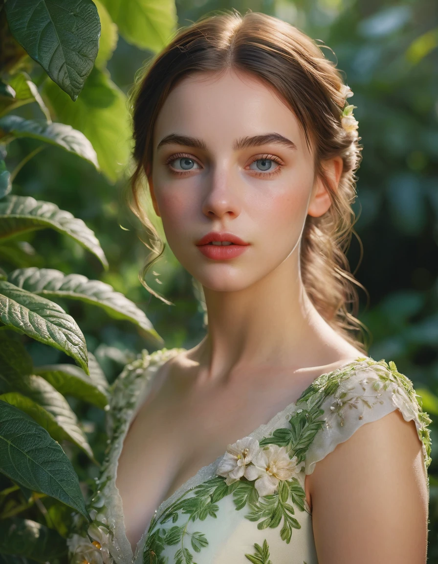 a beautiful detailed girl in a garden, 1girl, detailed eyes, detailed lips, longeyelashes, beautiful dress, serene expression, (best quality,4k,8k,highres,masterpiece:1.2),ultra-detailed,(realistic,photorealistic,photo-realistic:1.37),digital painting, trending on ArtStation, vibrant colors, cinematic lighting, highly detailed foliage, lush greenery, warm sunlight