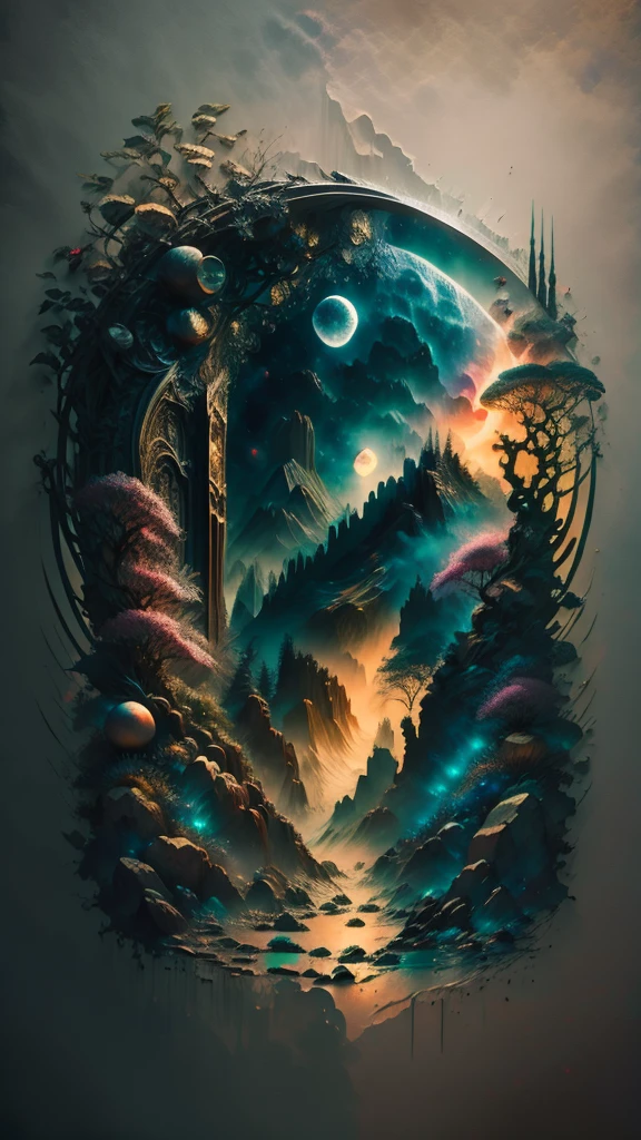 Art of Luis Royo, surrealistic dreams, space, alien, future, live forever, magic, watercolor, ink, acrylic, double exposure, futuristic, fantasy, great detail, mid-night, moon, fog, gothic gloom, art on a cracked paper, storybook detailed illustration, cinematic, ultra highly detailed, tiny details, beautiful details, mystical, luminism, vibrant colors