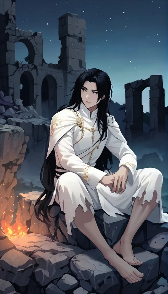 Anime-style male character sitting at rock, (long black hair:1.2), white noble outfit mediebal, night sky, Firefliess, high-resolution digital art, soft color palette, tranquil atmosphere, (serene ruins background:1.1), realistic ruinscape

