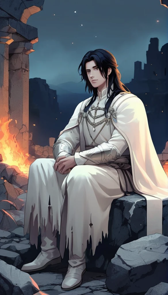 Anime-style male character sitting at rock, (long black hair:1.2), white noble outfit mediebal, night sky, Firefliess, high-resolution digital art, soft color palette, tranquil atmosphere, (serene ruins background:1.1), realistic ruinscape