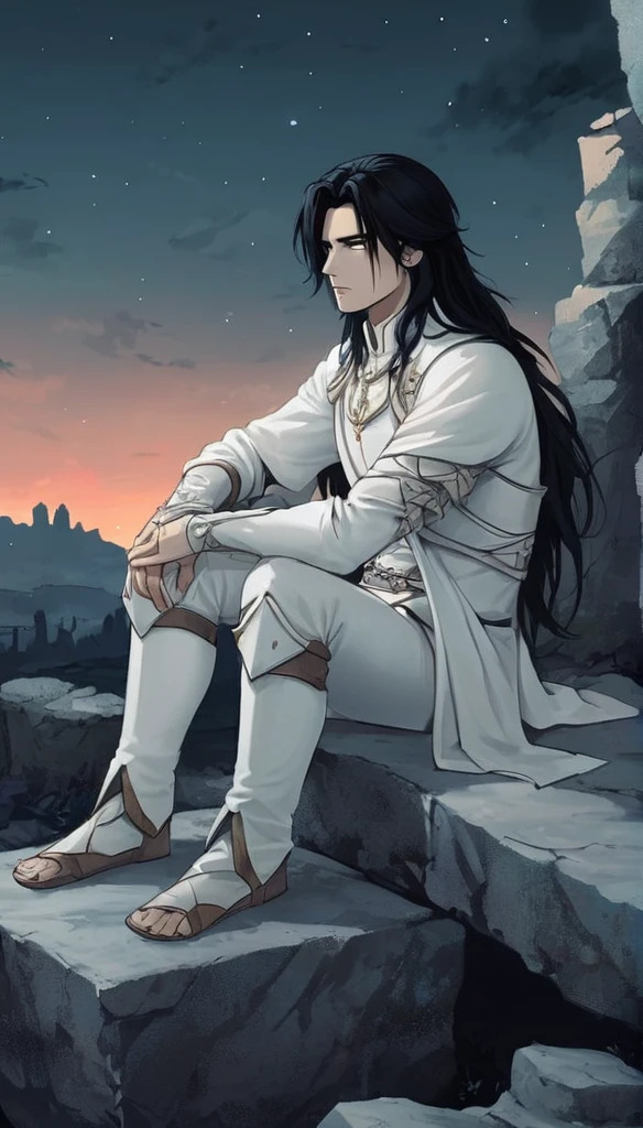 Anime-style male character sitting at rock, (long black hair:1.2), white noble outfit mediebal, night sky, Firefliess, high-resolution digital art, soft color palette, tranquil atmosphere, (serene ruins background:1.1), realistic ruinscape
