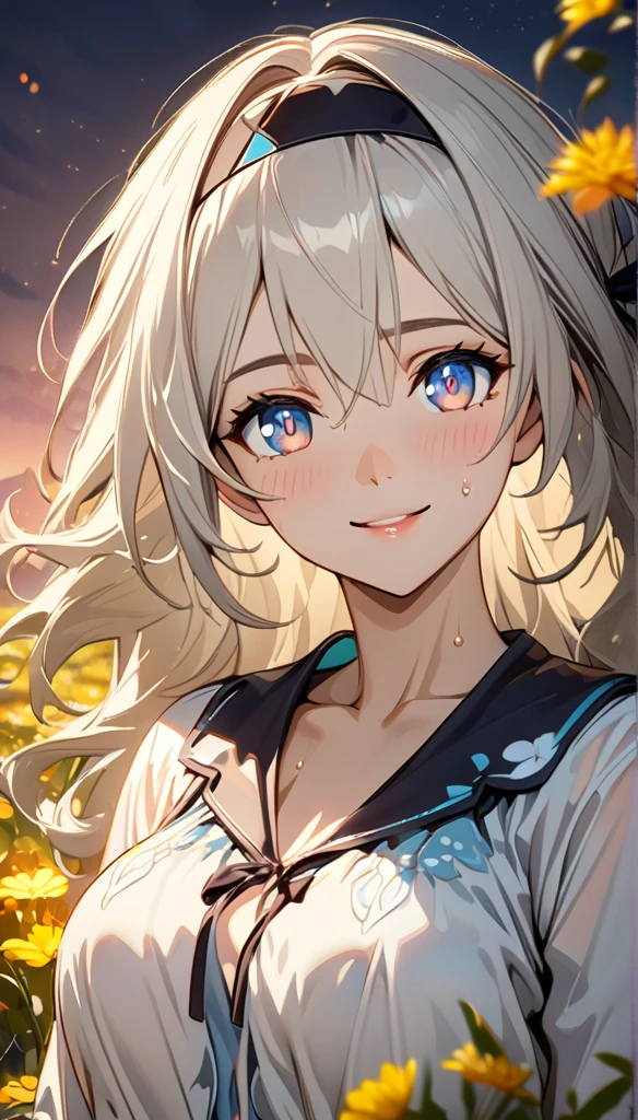 beautiful girl, long grey hair, beautiful face,smiling,close up to hips, beautiful breast, in the middle of flowers field, (open mouth:0.4),illustration,detailed textures(realists),ultra-detailed,portrait style,vivid colors,soft lighting, blushing, mature, hair fluttering, evening light , head band, half body, looking at viewer, cleavages, wearing beautiful night  sleepwear, no bra, perky, sweaty 