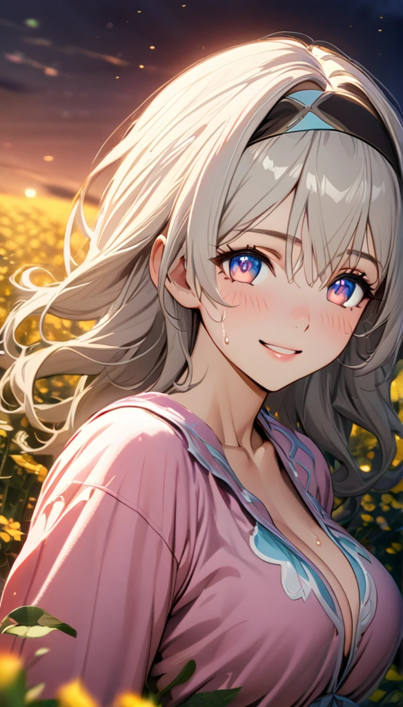 beautiful girl, long grey hair, beautiful face,smiling,close up to hips, beautiful breast, in the middle of flowers field, (open mouth:0.4),illustration,detailed textures(realists),ultra-detailed,portrait style,vivid colors,soft lighting, blushing, mature, hair fluttering, evening light , head band, half body, looking at viewer, cleavages, wearing beautiful night  sleepwear, no bra, perky, sweaty 