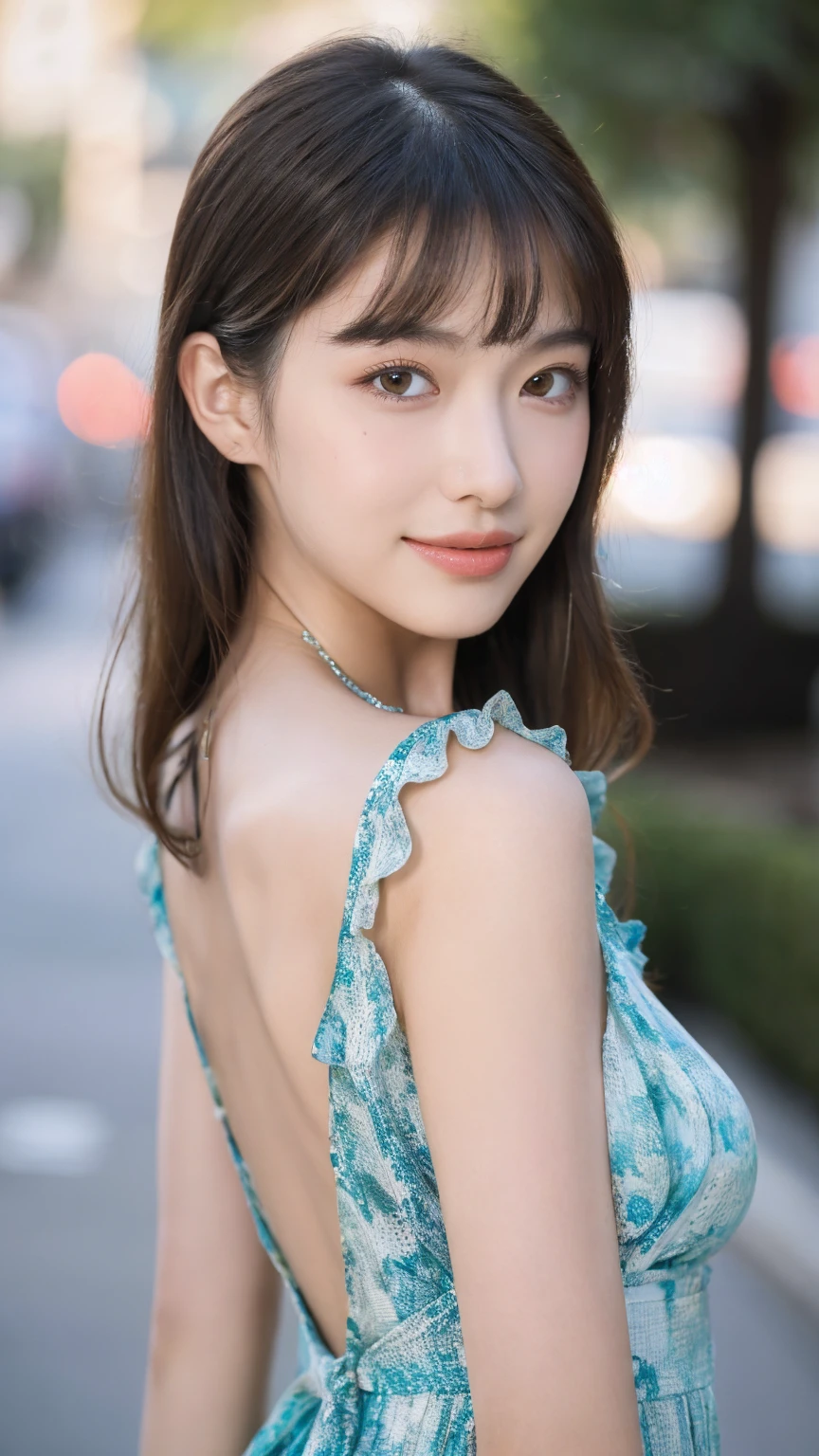 ((Best quality, 8K, masterpiece:1.3)),1girl,18 years old,Asian,Real texture:1.3,(Background blur:1.1),Gorgeous long dress,Tall and slender figure:1.2,(Hot summer weather),(street:1.3),Highly detailed face and skin textures,Exquisite eyes,Long eyelashes,Double eyelids,Skin Whitening,happy,Various postures,Big breasts