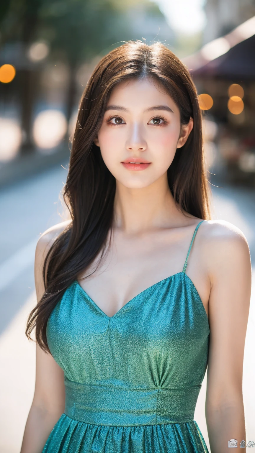 ((Best quality, 8K, masterpiece:1.3))，1girl，18 years old，Asian，Real texture:1.3，(Background blur:1.1)，Gorgeous long dress，Tall and slender figure:1.2，(Hot summer weather)，（street:1.3），Highly detailed face and skin textures，Exquisite eyes，Long eyelashes，Double eyelids，Skin Whitening，happy，Various postures，Big breasts