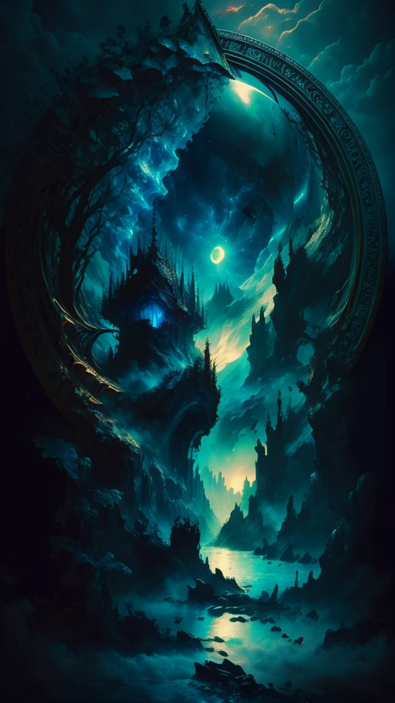 Art of Luis Royo, surrealistic dreams, space, alien, future, live forever, magic, watercolor, ink, acrylic, double exposure, futuristic, fantasy, great detail, mid-night, moon, fog, gothic gloom, art on a cracked paper, storybook detailed illustration, cinematic, ultra highly detailed, tiny details, beautiful details, mystical, luminism, vibrant colors