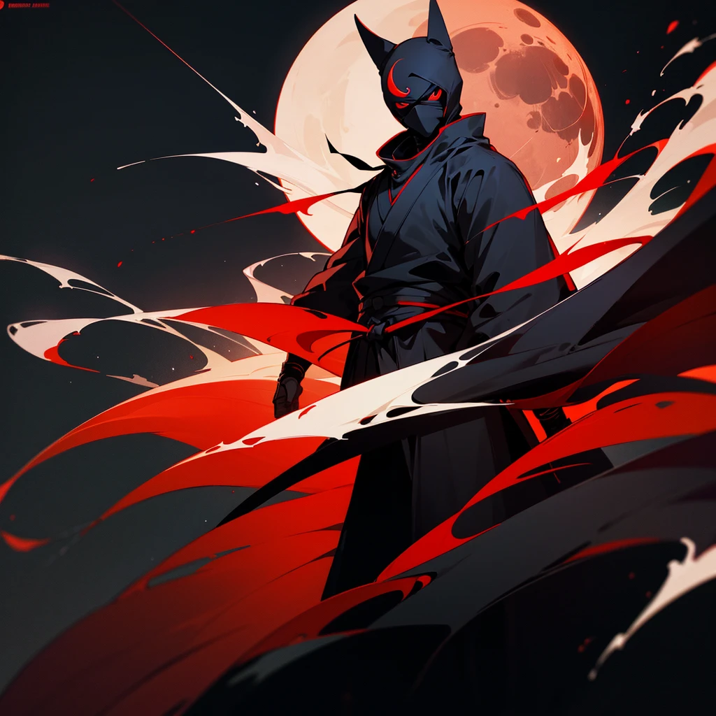Telegram channel logo for music. Black background , red moon on a black background,a masked ninja stands against the background of the moon,stands straight and looks forward,in black anime style.