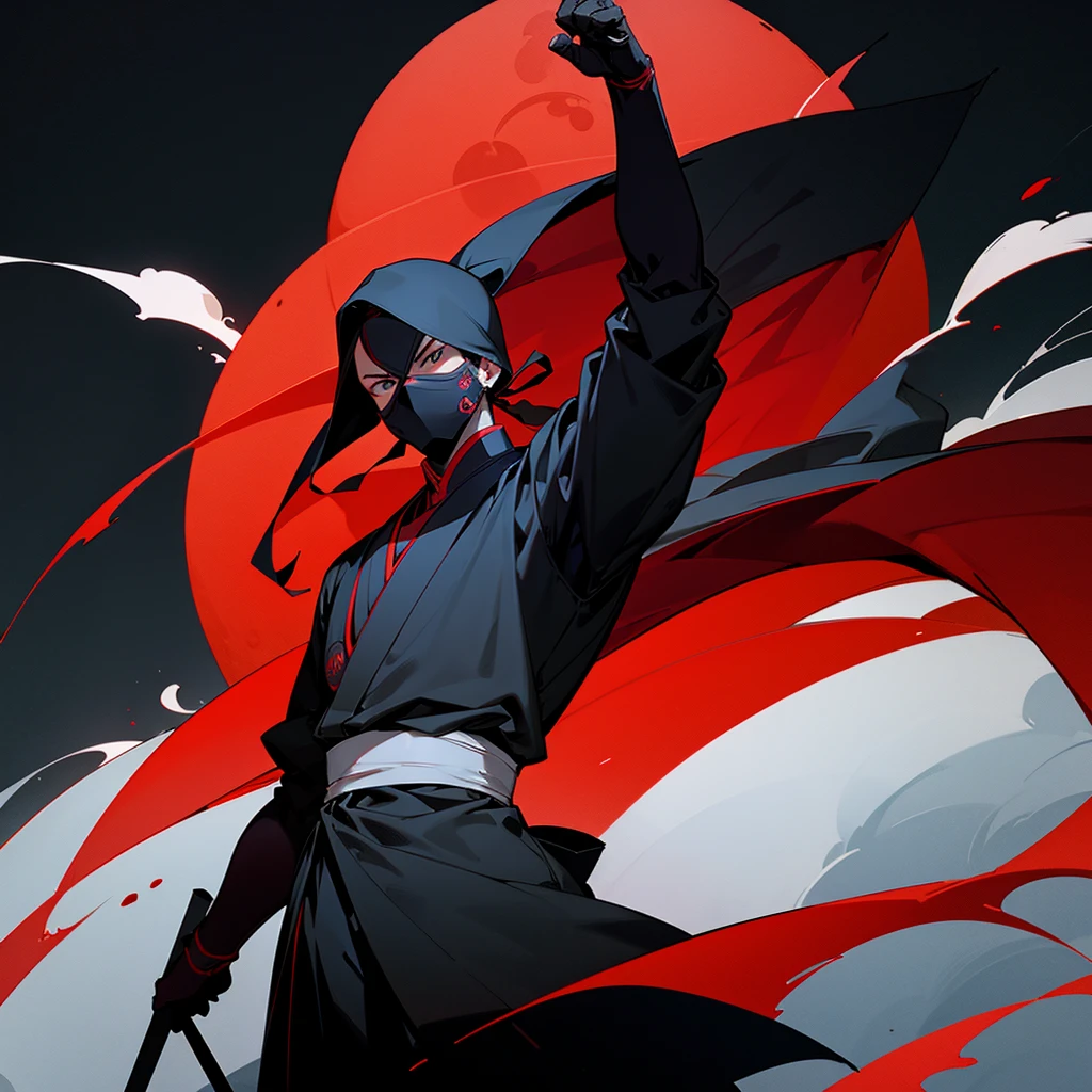 Telegram channel logo for music. Black background , red moon on a black background,a masked ninja stands against the background of the moon,stands straight and looks forward,in black anime style.