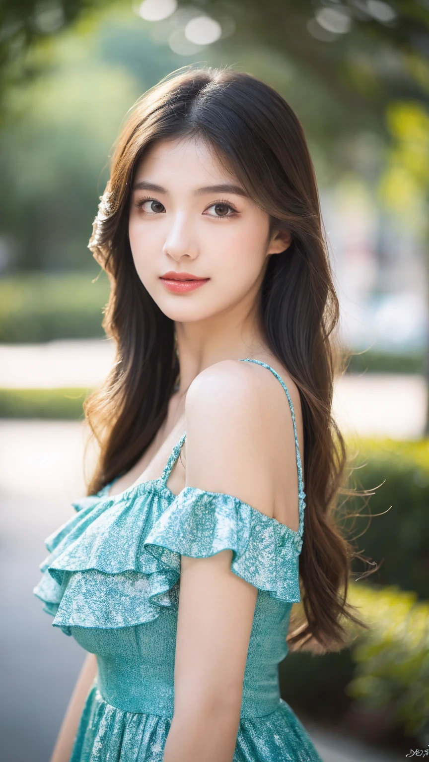 ((Best quality, 8K, masterpiece:1.3))，1girl，18 years old，Asian，Real texture:1.3，(Background blur:1.1)，Gorgeous long dress，Tall and slender figure:1.2，(Hot summer weather)，（street:1.3），Highly detailed face and skin textures，Exquisite eyes，Long eyelashes，Double eyelids，Skin Whitening，happy，Various postures，Big breasts