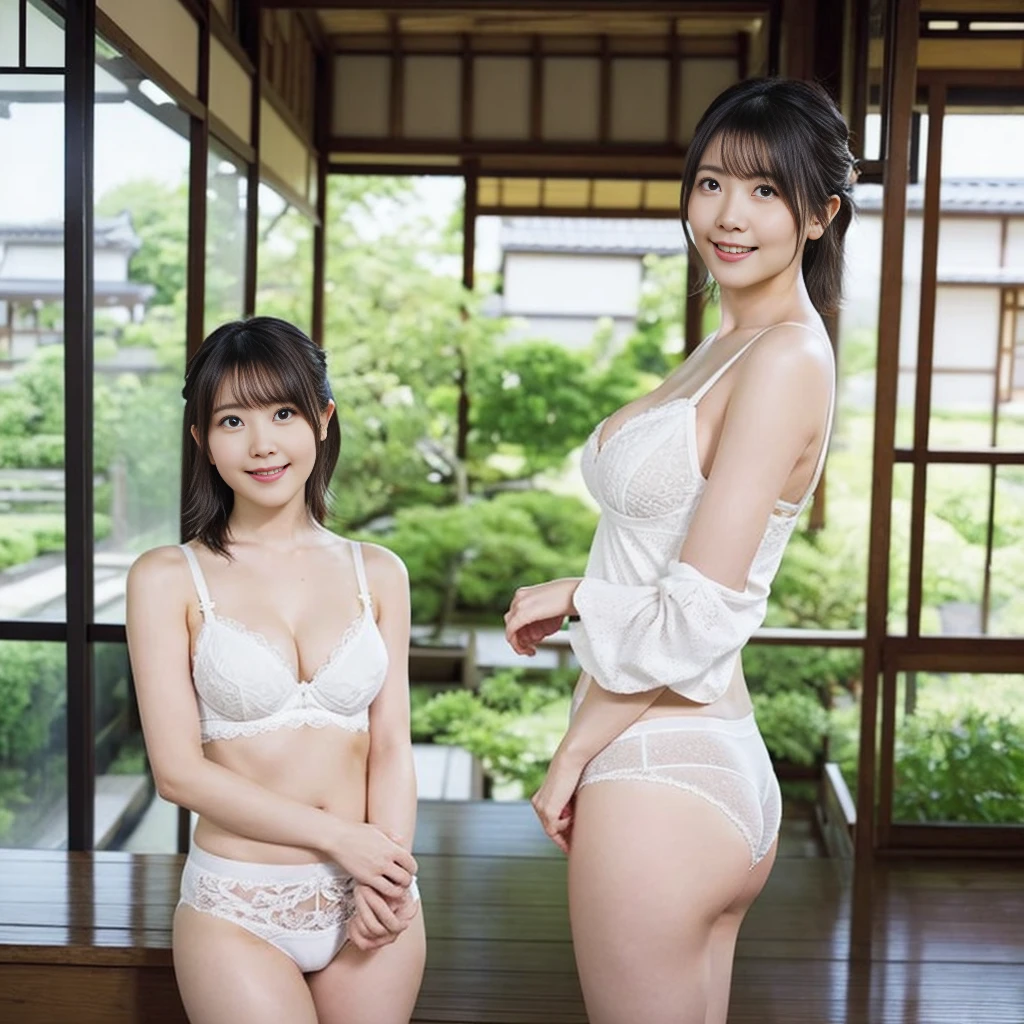 （In 、White  with strings on the sides、White 、Black Hair、Big Ass、Japanese-style room、Veranda、View of the garden、Rural Japanese house、Summer in Japan）、Extremely sexy、smile、Professional Lighting、Small waist、Beautiful adult woman、Captivating thighs、Very large breasts、Cleavage、Are standing