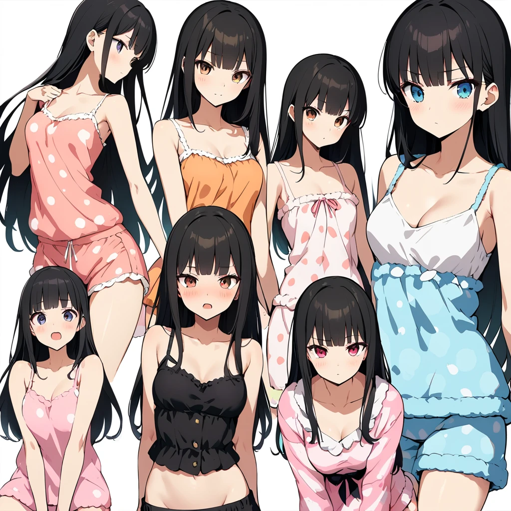16k works,Highest quality,18-year-old,No background.White background only,whole body、Kneel,Dynamic and sexy pose, One person, Beautiful Face,, Symmetrical eyes, Perfect body, Good balance、 Perfect body、、Japanese,Black Hair,Long Hair,Blunt bangs,Embarrassed look,((skinny:1.3,Ideal body proportions:1.4,Medium chest)),(((Loungewear:1.5,Underbust:1.3,camisole、Shorts))),
