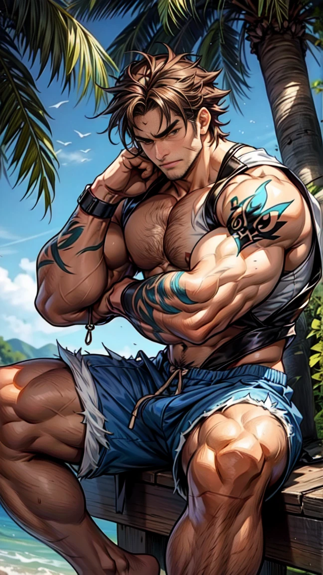 Youthful feeling，( Tattoo),(Thick body hair)，Upper body，(He was wearing baggy shorts，Revealing his length, muscular, hairy)，（Leaning against a tree),(For the audience) ，(Put his hands on his waist)， (Focus on your audience) ，(There is a huge bulge in the area)，sideways，Sharp eyes，(Thick dark brown hair)，(Bottom-up view)，Broad shoulders，Muscles protrude a lot，Highest image quality，cartoon ，Anime Wallpaper，Chest muscle expansion，spread your legs，Sexy,(main part, best quality)，((Exaggerated muscle bulge))，The protagonist is tall，muscular and bulky, muscular characters, Awesome and cool, tall and muscular, muscular!!, Very strong, muscular attractive men, Huge muscles, Big Muscle, Muscle Man, Anime handsome man, muscular!, Giant muscles, muscular bodies，(canto da foto de baixo para cima) (imagem da mais alta qualidade) ，Close-up photos，Lion man ,real, jovem, , vestindo shorts, virilha saliente, imagem de anime, Leaning against a tree, pernas bem abertas, male face, bonito rosto jovem, cabelo subcortado, huge muscle muscles of the chest, large strong thigh muscles, Biceps Sinewy muscles, Corpo enorme, corpo tonificado devido ao treinamento intenso, Well-developed muscles, ABS transparente de 8 embalagens, 3 metros de altura, , , pele brilhante, rede de suor pingando, （hands on thighs）,  feet, Sem barba，Thick Legs，