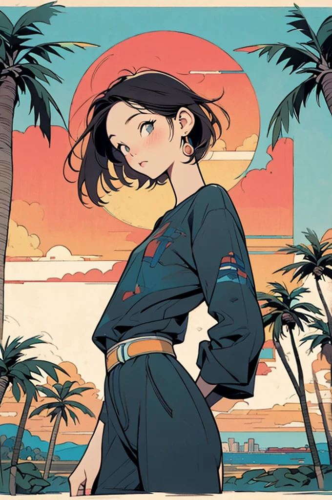Retro Girl, Miami, sunset, Ferrari, Palm tree, the 90s, (Flat Color, flat texture, Line art:1.2), Graphical Design, (Dark ink, Ink Black),