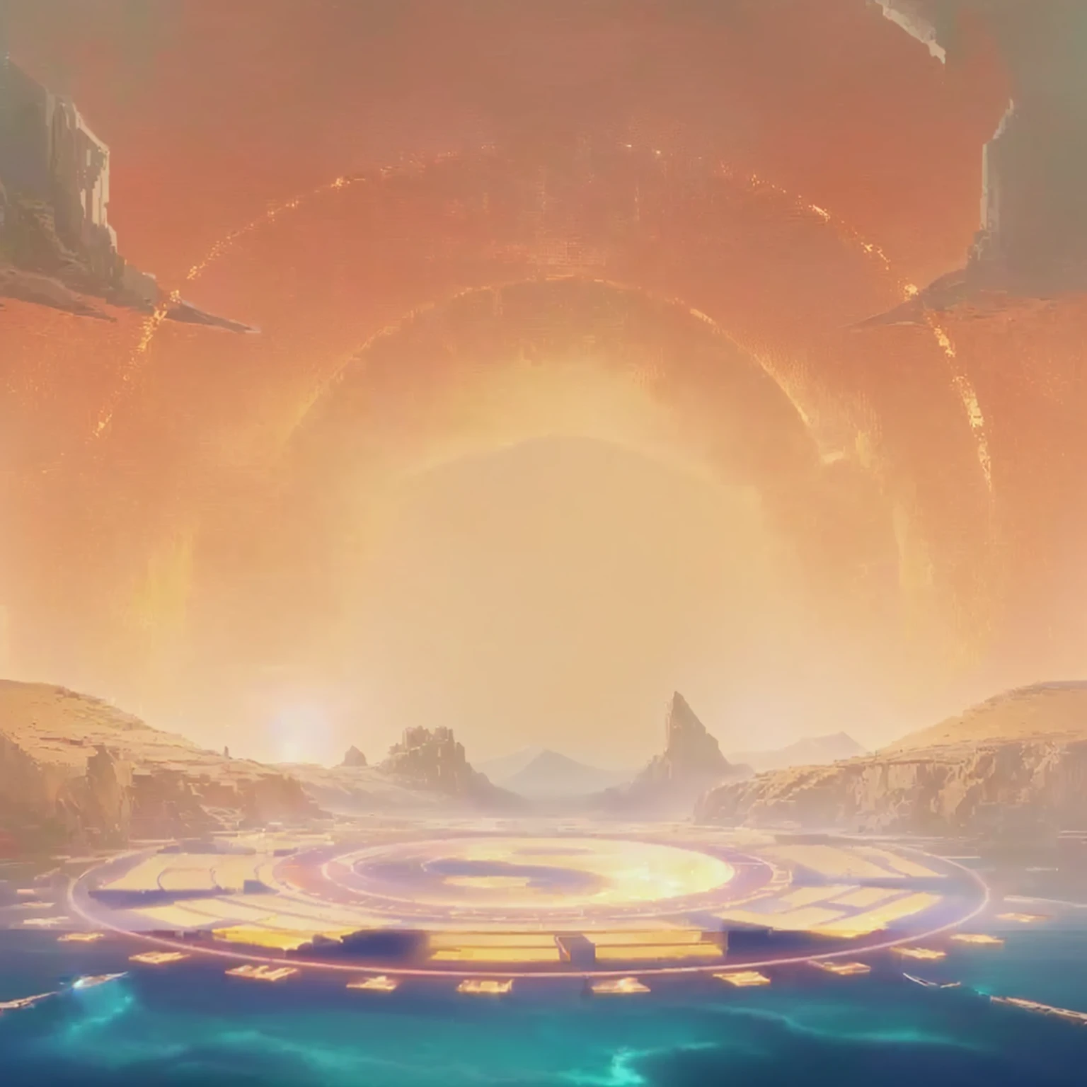 There is a painting depicting the sun setting over water., Kingdom of Light Background, Arena Background, background technology, background technologywork, odin's stone Arena Background, Golden hour background, Stunning mysterious background, Magic battlefield background, Game Background, mobile Game Background, Ethereal Background, Gorgeous background, dreamlike sunraise, Dawn background, Concept Art Magic Highlights