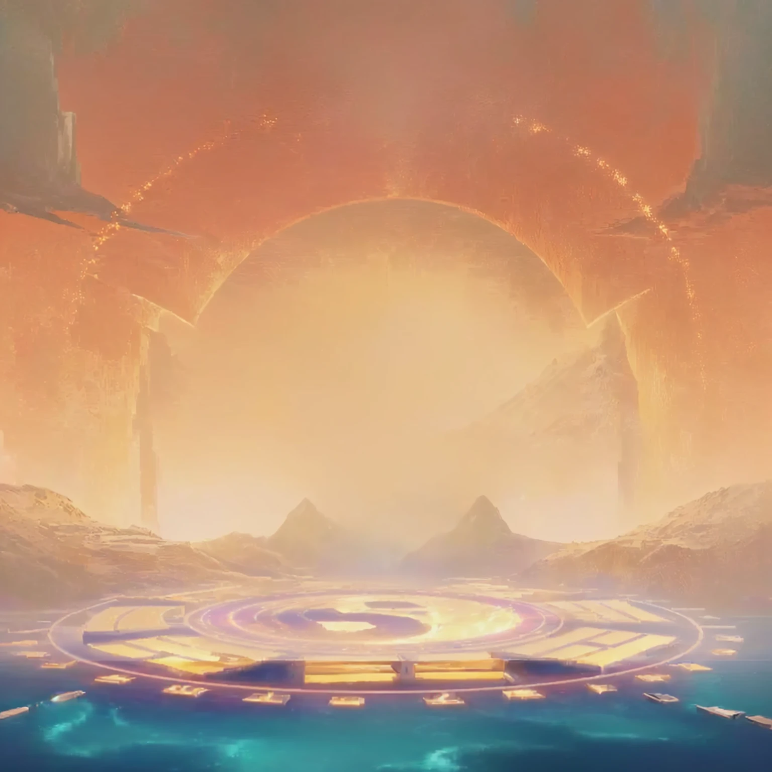 There is a painting depicting the sun setting over water., Kingdom of Light Background, Arena Background, background technology, background technologywork, odin's stone Arena Background, Golden hour background, Stunning mysterious background, Magic battlefield background, Game Background, mobile Game Background, Ethereal Background, Gorgeous background, dreamlike sunraise, Dawn background, Concept Art Magic Highlights