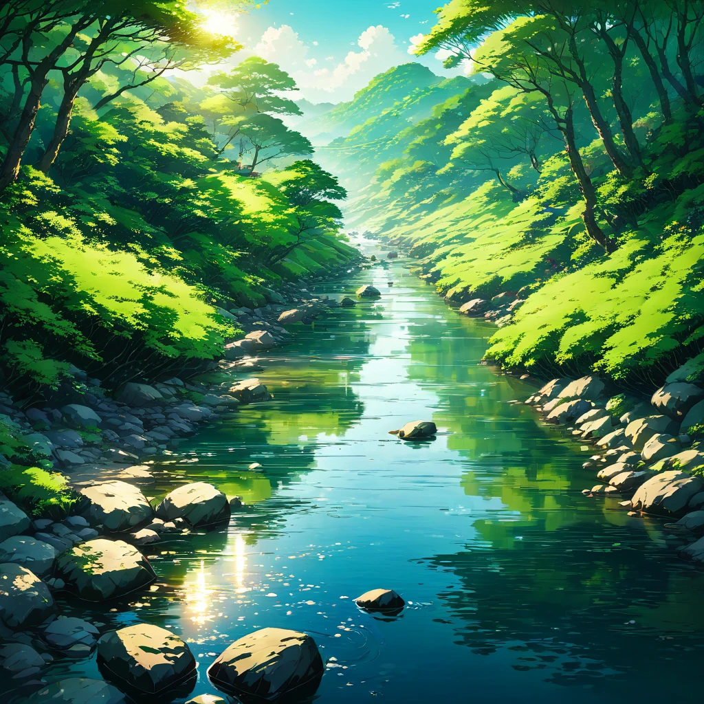 Chilling sake in a cold river、Midsummer、beautiful Anime Scenery, Landscape painting, Beautiful digital painting, Andreas Rocha, Beautiful artwork illustration, Awesome Wallpapers, Raymond Han, Tall beautiful paintings, Studio Greeble Makoto Shinkai, Beautiful Wallpapers, Anime Scenery