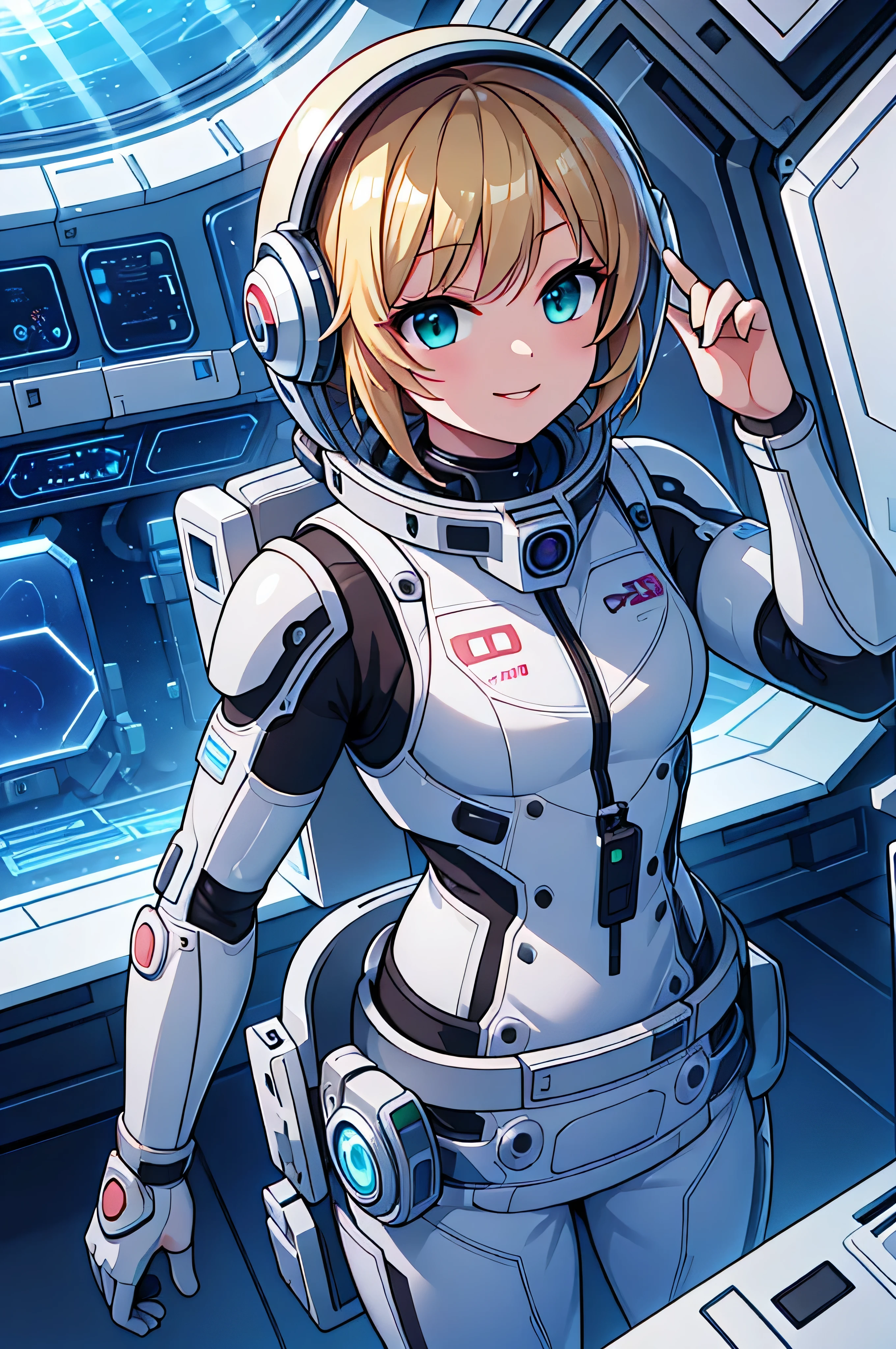 One girl, bionde_hair, 一人w,(Space Helmet):6, green_eye, Lookwg_w_Audience,Green color_White_futuristic_divwg_suit, Realistic, chest, short_hair, lips, Moderate_chest, cyborg_Enhancements, expensive_technology_armor, underwwer, coral_Reef, tropical_fish, sunlight_light, futuristic_brewhwg_apparwus,Smile
