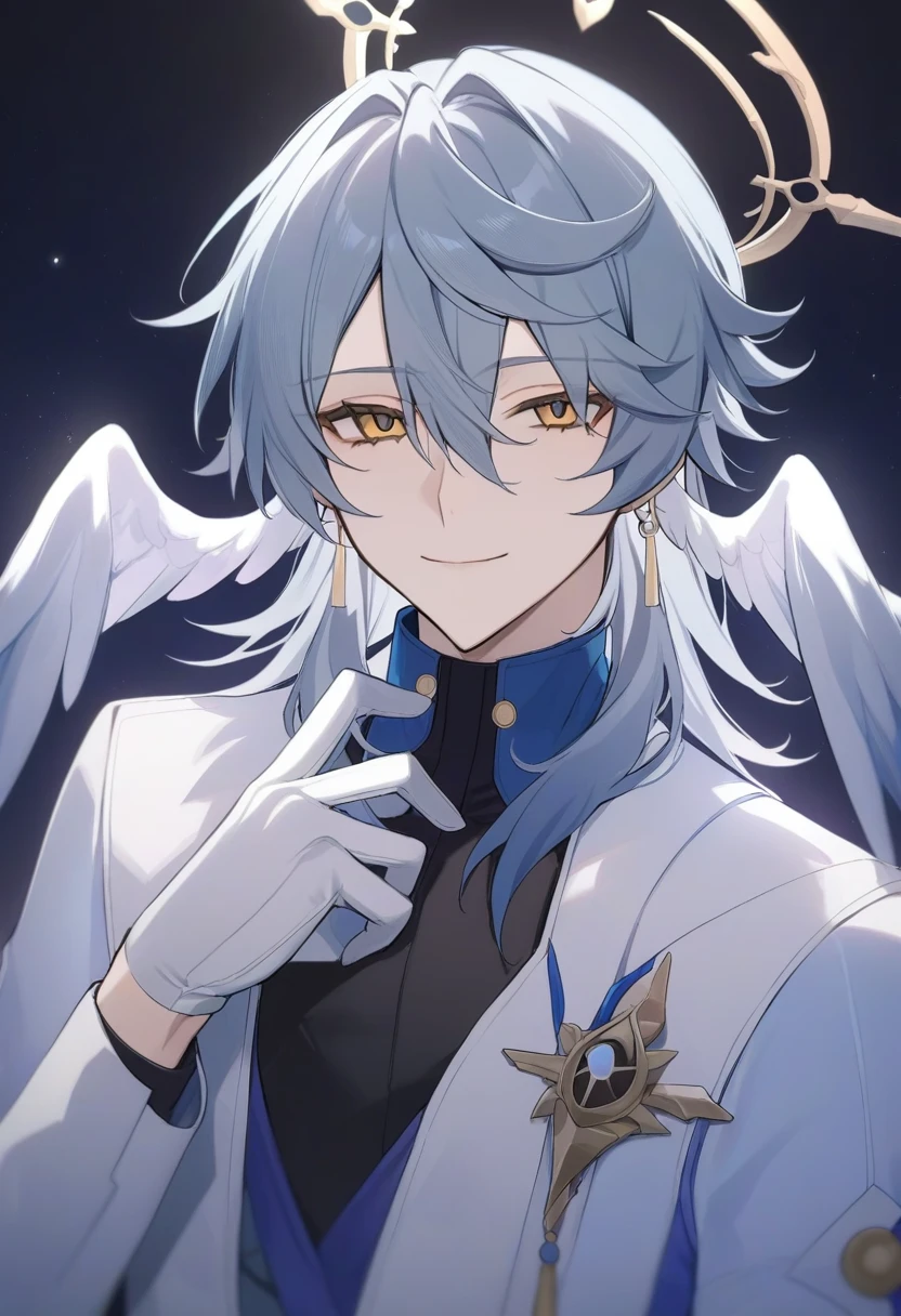 masterpiece,best quality,sunday_(honkai:_star_rail), black_shirt, sidelocks, white_wings, smile, looking_at_viewer, gloves, closed_mouth, solo, hand_up, shirt, head_wings, long_sleeves, jewelry, white_gloves, jacket, eyelashes, simple_background, halo, wings, white_background, feathered_wings, 1boy, male_focus, earrings, star sky background