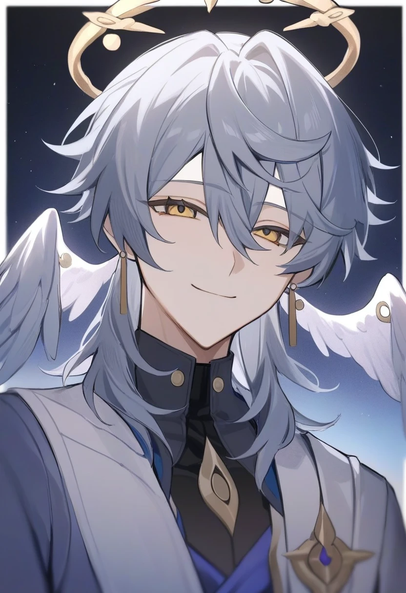 masterpiece,best quality,sunday_(honkai:_star_rail), black_shirt, sidelocks, white_wings, smile, looking_at_viewer, gloves, closed_mouth, solo, hand_up, shirt, head_wings, long_sleeves, jewelry, white_gloves, jacket, eyelashes, simple_background, halo, wings, white_background, feathered_wings, 1boy, male_focus, earrings, star sky background
