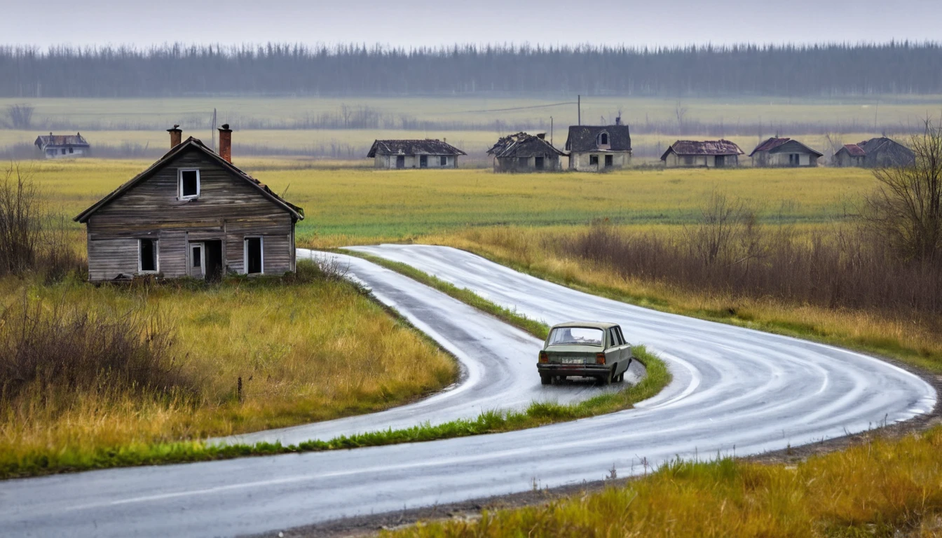lonely car driving on the road, seen from afar, several abandoned houses in the landscape, sinister environment