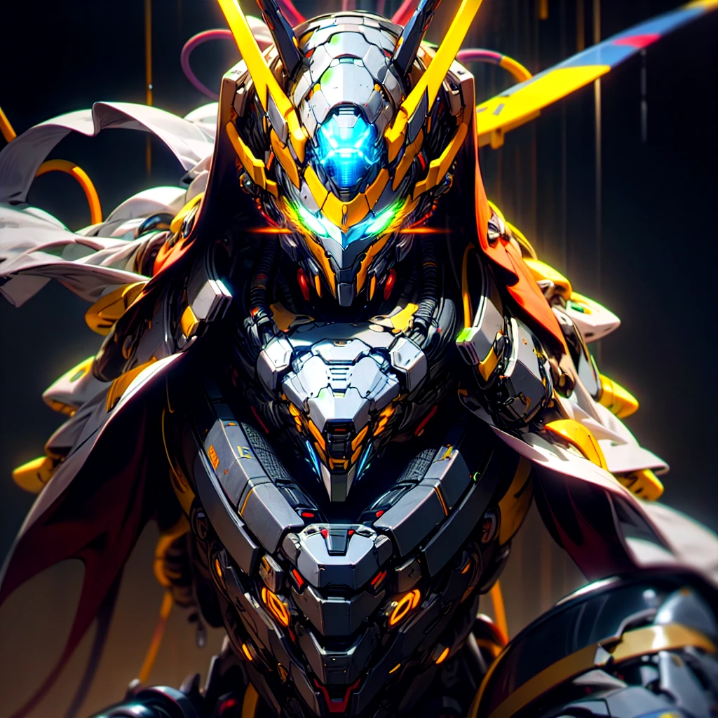 Male Mecha, enigmatic black gold hooded cybernetic neon helmet, and black mask, enigmatic black hardware and nanotubes on cloak, cybernetic chrome hardware, photo realistic, maximum details, :blank :white studio background --chaos 10 --ar 4:5 --stylize 250 --v 6.0
