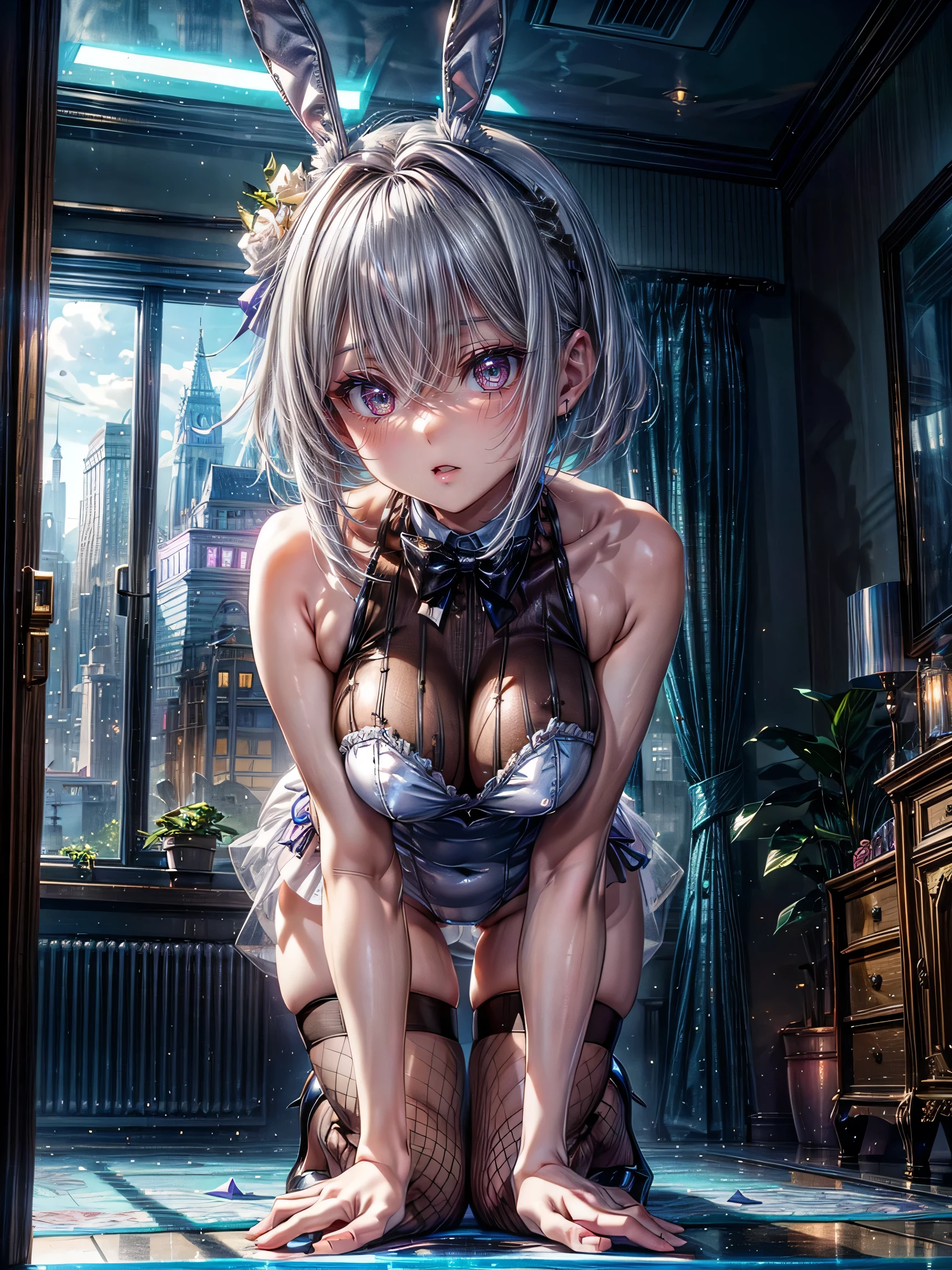 Highest quality、、(White Bunny Girl)、Fishnet tights、High heels、Bunny Suit、View Viewer、Angle from the front、 、Place your elbows on the floor、((Attach your cheeks to the floor))、smile、Futuristic Living Room、indirect lighting、Room with houseplants、From the window you can see the valley between the city buildings、Night view、Silver short hair、Beautiful eyes、Beautiful Face、Delicate eyes

