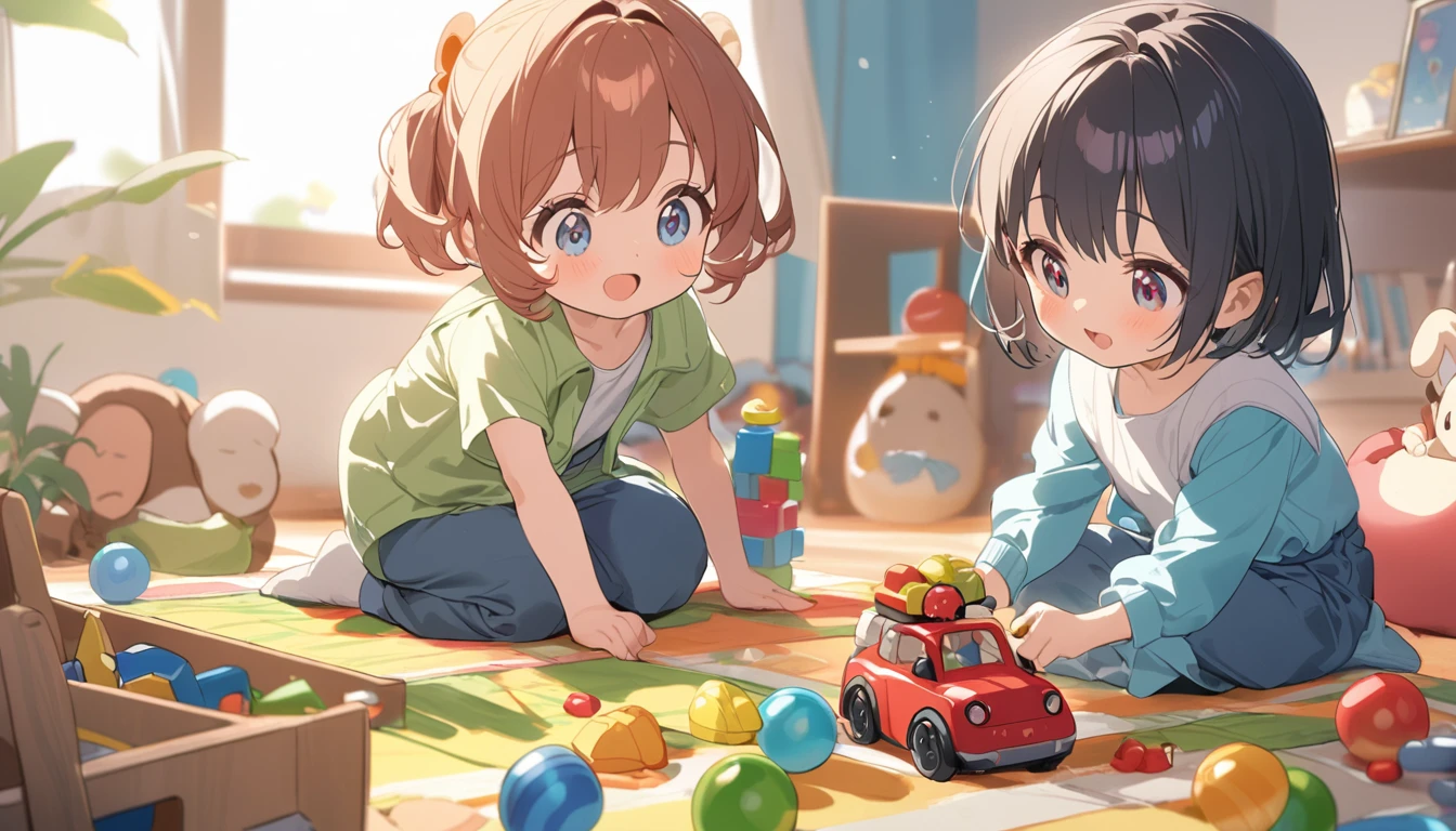 2 little children playing with toys