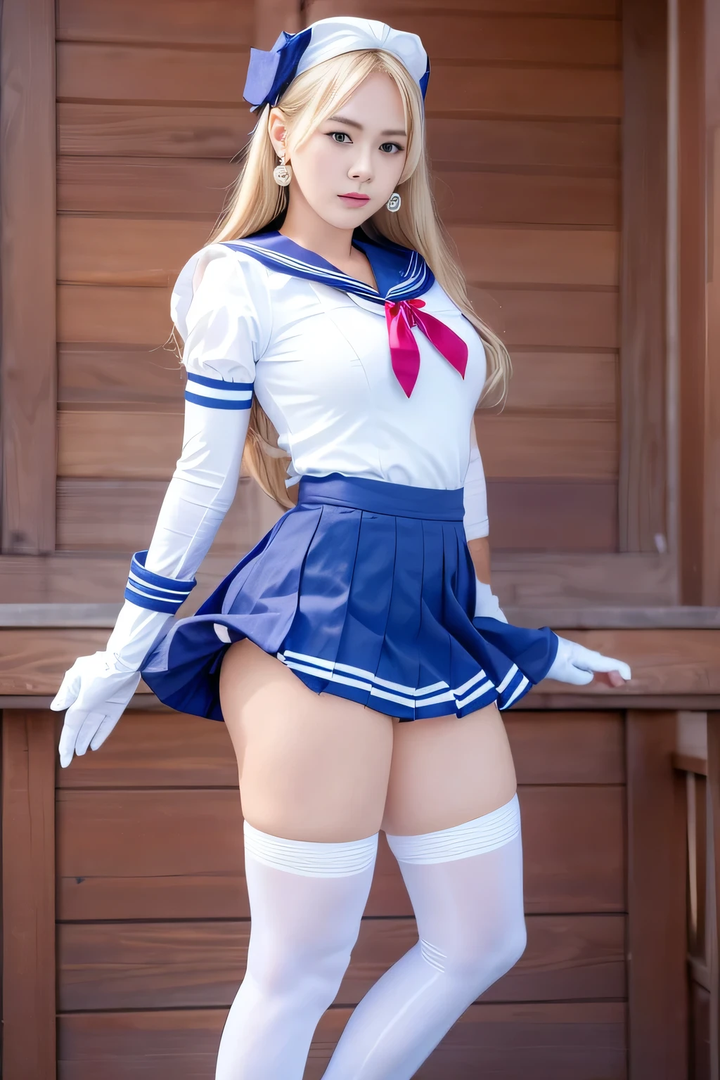 Close up, 1 girl, sailor, Tsukino Usagi, (sailor chiseki uniform:1.2), (aqua eyes:0.9), blonde hair, medium hair, wedge skirt, best quality, earrings, masterpiece, high resolution, intricate details, (realistic)), photography, (white elbow gloves:1.1), jewelry, medium breasts, full body, dynamic background, dynamic pose, white