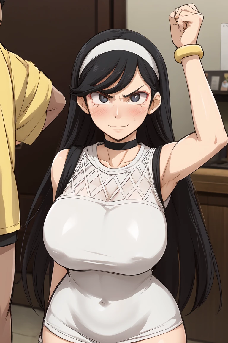 kumashiro maya, hairband, (white dress), bracelet, black thighhighs, makeup, mascara, 1girl, solo, black hair,frown, angry, ((smile)), (microdress), (golden), (bodycon), blush, eyeslashes, fishnet stockings, (face focus), (handbag:0.8), (o-ring:1.2), choker, jewelry, necklace, BREAK masterpiece, best quality, glowing skin, mature figure, voluptuous body, shiny skin, mature women, gigantic hanging breasts, from the front,