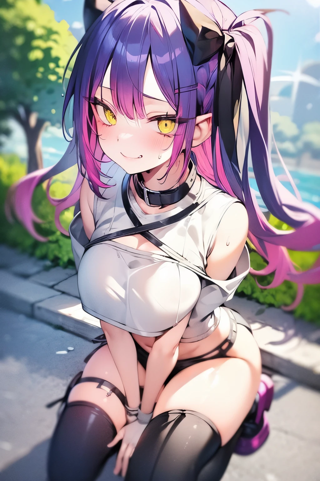 (detailed face), (yellow eyes,), (orgasm1.3), (wet), nose blush, smirk, (sweat), off shoulder, crop top, shirt, huge breasts, slim, girl, smille, Kneesocks, pumps, squat, spread legs, fiull body shot,lens flare,