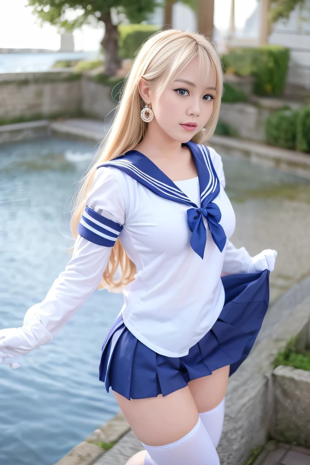 Close up, 1 girl, sailor, Tsukino Usagi, (sailor chiseki uniform:1.2), (aqua eyes:0.9), blonde hair, medium hair, wedge skirt, best quality, earrings, masterpiece, high resolution, intricate details, (realistic)), photography, (white elbow gloves:1.1), jewelry, medium breasts, full body, dynamic background, dynamic pose, white