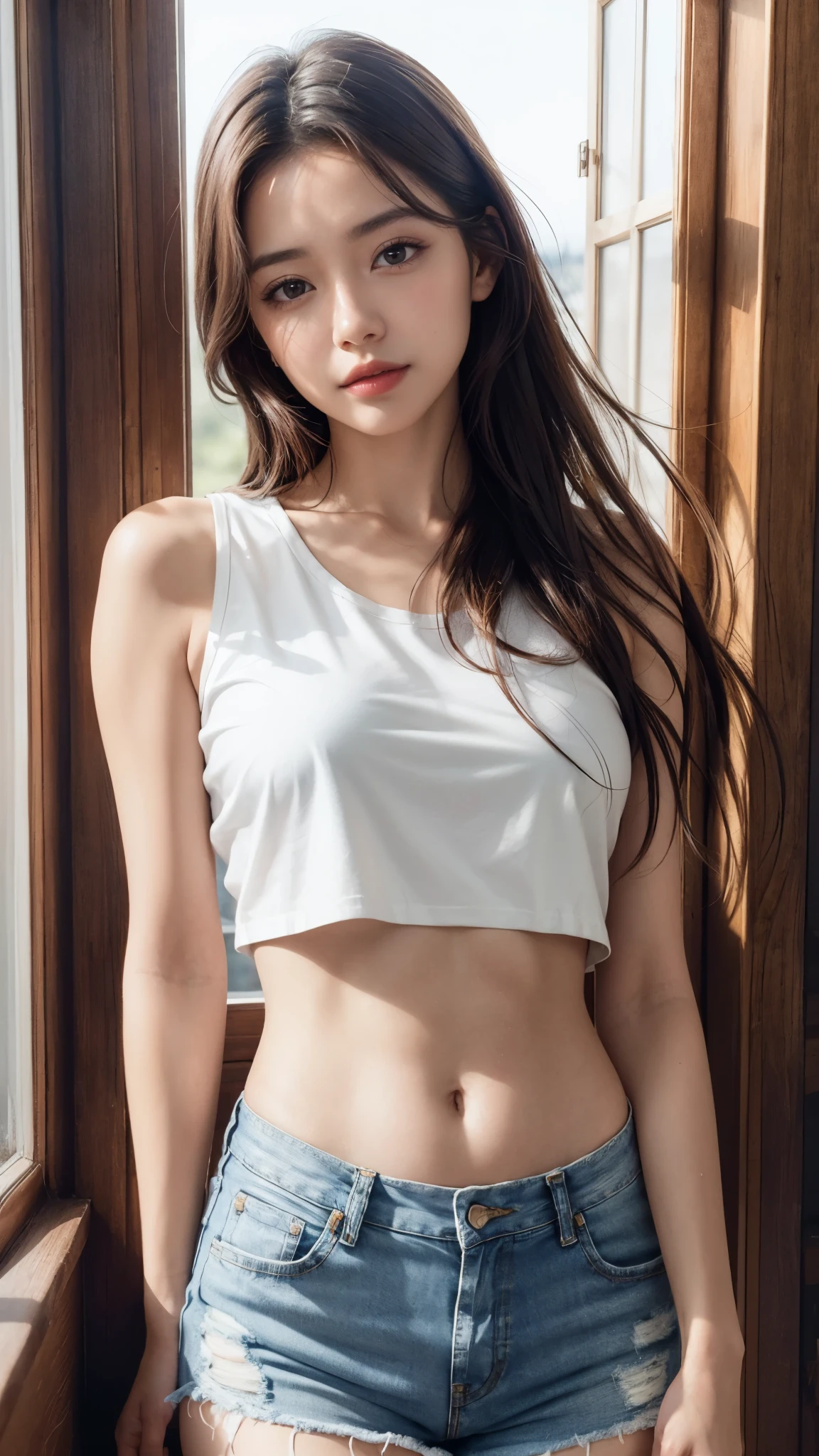 best quality, masterpiece, beautiful, girl, White crop top shirt, Denim shorts, Umbilical cord, Dynamic angle, Brown wide hair, black eyes, Home, window, Sunshine, shiny skin, Solar flares,(Natural skin texture, Surrealism, Soft Light, sharp)