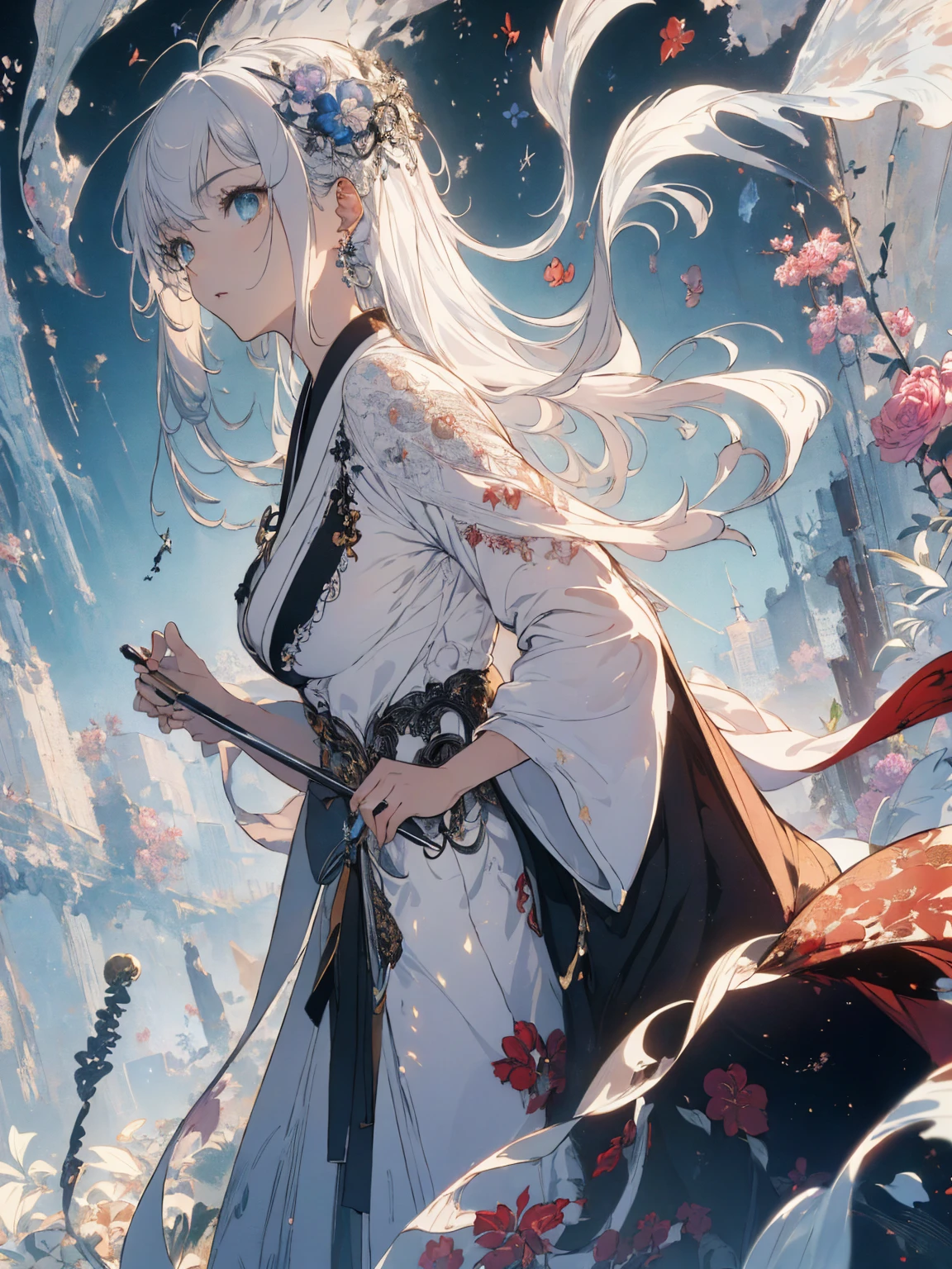 (Landscape photo, with a woman in the bottom right of photo:1.5, in white garden:1.5, kimono), Masterpiece, best quality, (very detailed CG unity 8k wallpaper), (best quality), High definition RAW color art, Animation,sculptures, (black Marble Skin), (((Ultra detailed elegant))), Magical atmosphere, Detailed skin, Texture,(Intricately detailed, Fine detail, ultra-detail art), depth of fields, Bokeh, Silky Touch, Hyper Detail, beautiful eyes, elegant face, (upper body focus), sparkle background, enormous breast:1.3, (silver hair), pure white, pose, muscle, embarrassing face, rose,  ドラマチックな光, profile