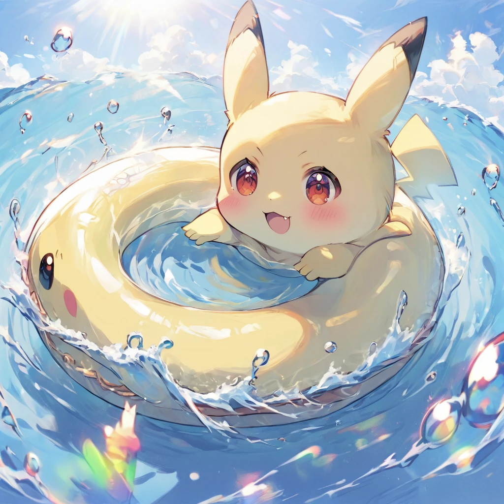 cute scene featuring Pikachu practicing swimming, Pikachu should be in a shallow pool or a calm body of water, looking determined and joyful. Use a bright and cheerful color palette with soft, painterly strokes. Include elements like a small floatation device or swim ring, water splashes around Pikachu, and perhaps a few playful bubbles. The background should feature a sunny day with clear skies, and maybe some gentle waves or distant beach scenery. 