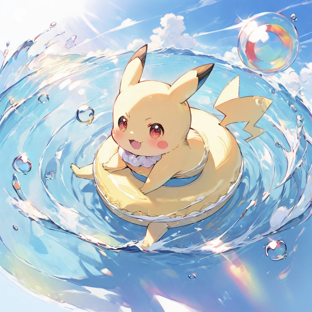 cute scene featuring Pikachu practicing swimming, Pikachu should be in a shallow pool or a calm body of water, looking determined and joyful. Use a bright and cheerful color palette with soft, painterly strokes. Include elements like a small floatation device or swim ring, water splashes around Pikachu, and perhaps a few playful bubbles. The background should feature a sunny day with clear skies, and maybe some gentle waves or distant beach scenery. 