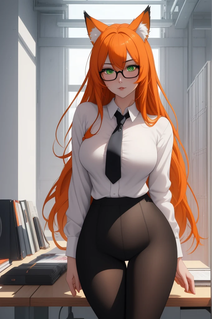 (masterpiece, Best quality), 8K, ultra detailed, realistic photo, Detailed face, perfect lighting, green eyes, bright orange hair, bright hair, fox ears, nice legs, side photo, beautiful, Cute, skin pores, 1 girl, perfect shirt, fully dressed, beautiful women 30 years old, Beautiful proportions, Russian woman, Caucasian, European, Business lady, stunningly beautiful woman, mother, thick legs, show ass, big breasts, (Thin white shirt:1.4), thick, hot, (White Office Wear:1.4), tight pants, (wide hips:1.2), thick, (white Office pants:1.3), spread your legs, Legs open, full length, wide hips, Glasses, with long orange hair, standing on the beach near the ocean, green eyes detailed digital anime art, cat ear, anime girl with long hair, гладкое аниме cg art, anime girl with long hair, digital anime art, work in Guweiz style, Beautiful anime portrait, Photorealistic render of an anime girl, pantyhose, Beautiful anime girl, advanced digital anime art, guweiz на artstation pixiv HD UHD HQ