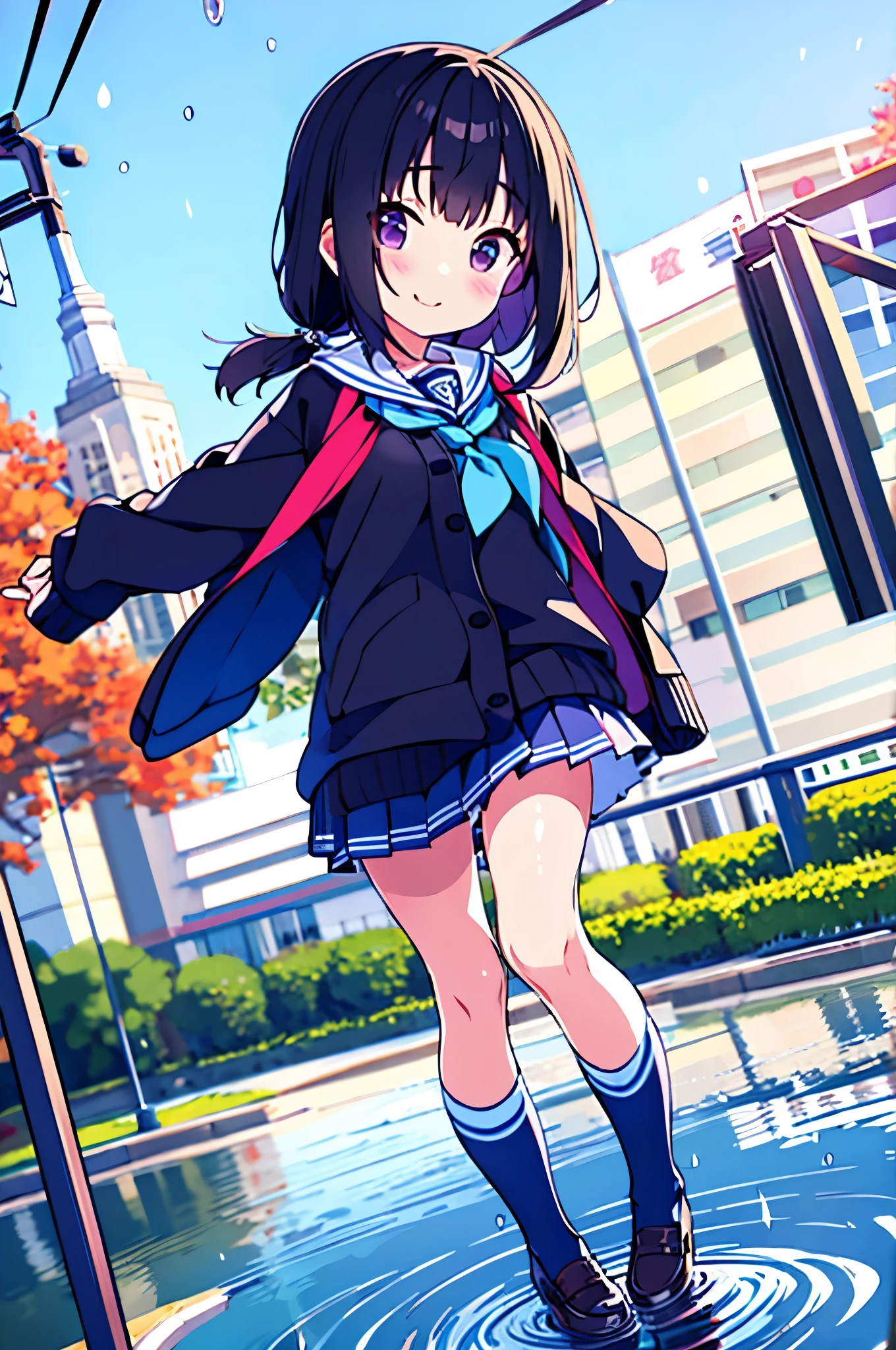 Park after rain large puddles elementary school girl 8-year-old flat chest black hair long hair eyes are purple smile ((1 person)) Cardigan on top of white long-sleeved sailor uniform Lower body navy blue miniskirt white panties white socks sports boots standing in front of a puddle ((white pantiesが見える)) from the front dynamic angle Low - Angle