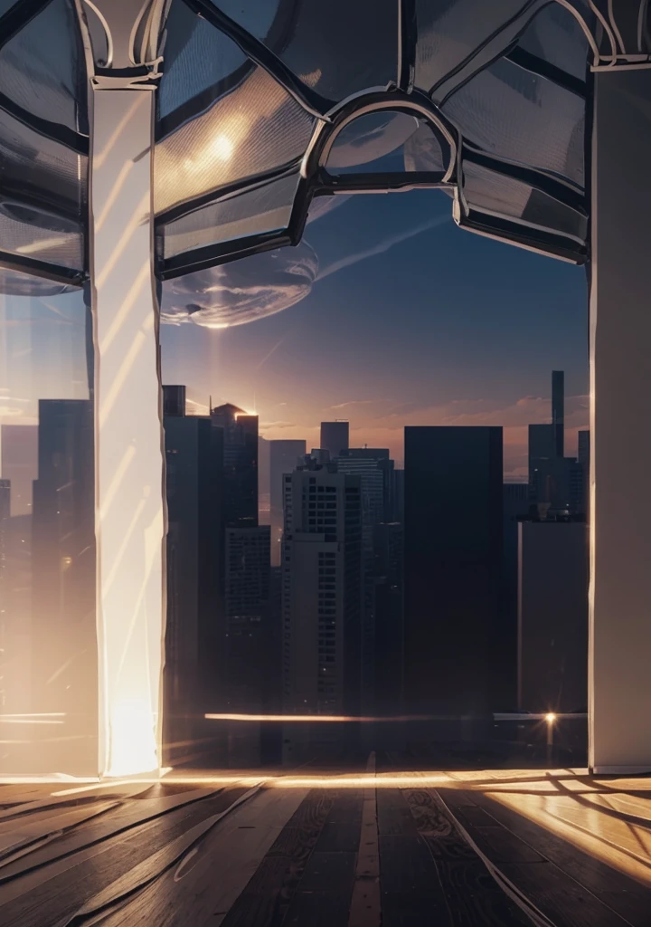 inside a luxury office building, tall columns, vaulted ceilings, spacious hall, modern high-tech interior style, space academy interior, behind the high arched windows there is a city with skyscrapers, spaceships fly across the sky, illustration, (((people are missing))), illustration для фона