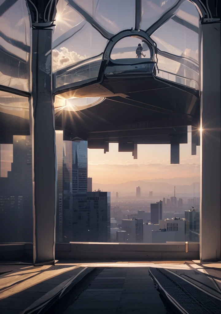 inside a luxury office building, tall columns, vaulted ceilings, spacious hall, modern high-tech interior style, space academy interior, behind the high arched windows there is a city with skyscrapers, spaceships fly across the sky, illustration, (((people are missing))), illustration для фона
