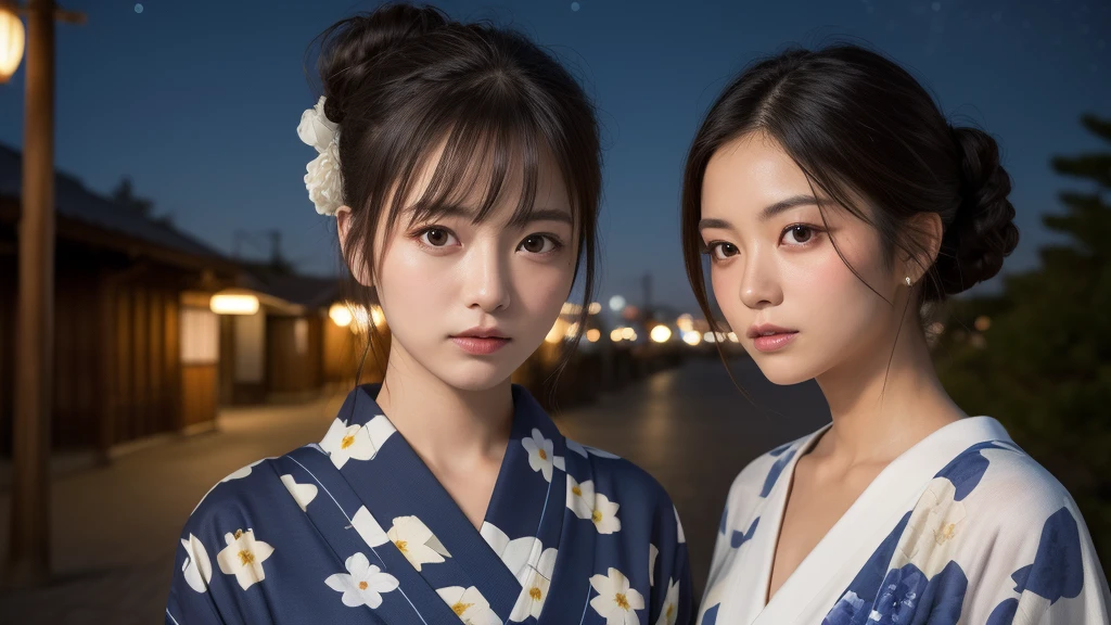 (1women), bun hair, (round eyes:1.2), (highly detailed face), (extremely detailed beautiful face), (floral pattern yukata), (Best Quality:1.4), (Ultra-detailed), extremely detailed CG unified 8k wallpaper, Realistic portrait, Beautiful detailed, High-definition raw color photos, professional photography, night sky, tanzaku, (Japan's Tanabata, Tanabata night), tanzaku, beautiful milky way, (fine face:1.2), focus on women