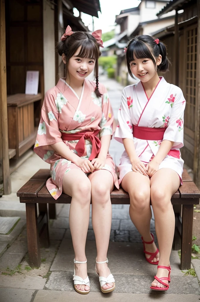 2 girls on wooden bench in old-Japanese street,floral pink yukata with red obi,18-year-old,bangs,a little smile,thighs,knees,short hair and low pigtails with red ribbon bow,from before,front light
