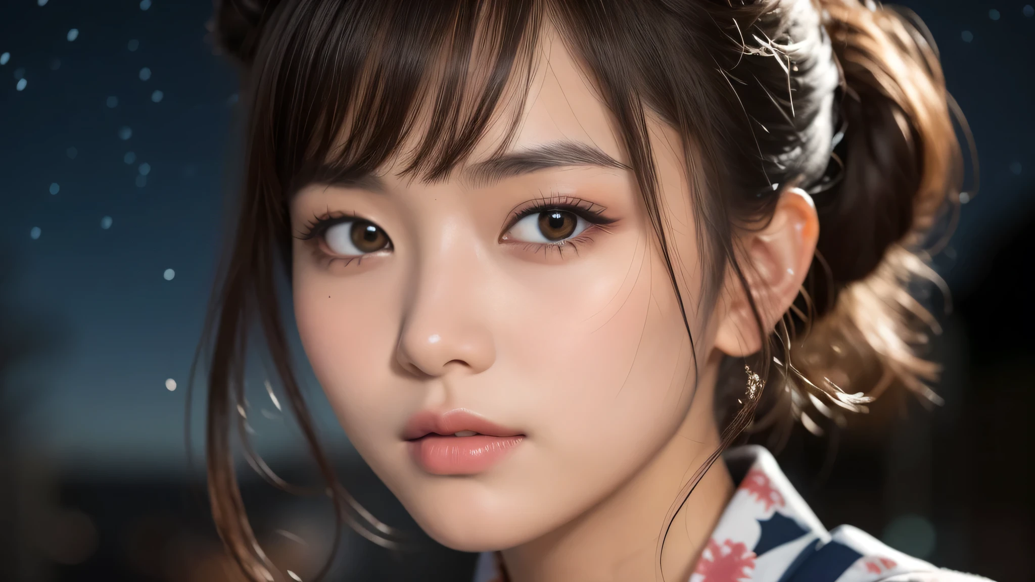 (1women), bun hair, (round eyes:1.2), (highly detailed face), (extremely detailed beautiful face), (floral pattern yukata), (Best Quality:1.4), (Ultra-detailed), extremely detailed CG unified 8k wallpaper, Realistic portrait, Beautiful detailed, High-definition raw color photos, professional photography, night sky, tanzaku, (Japan's Tanabata, Tanabata night), tanzaku, beautiful milky way, (fine face:1.2), focus on women