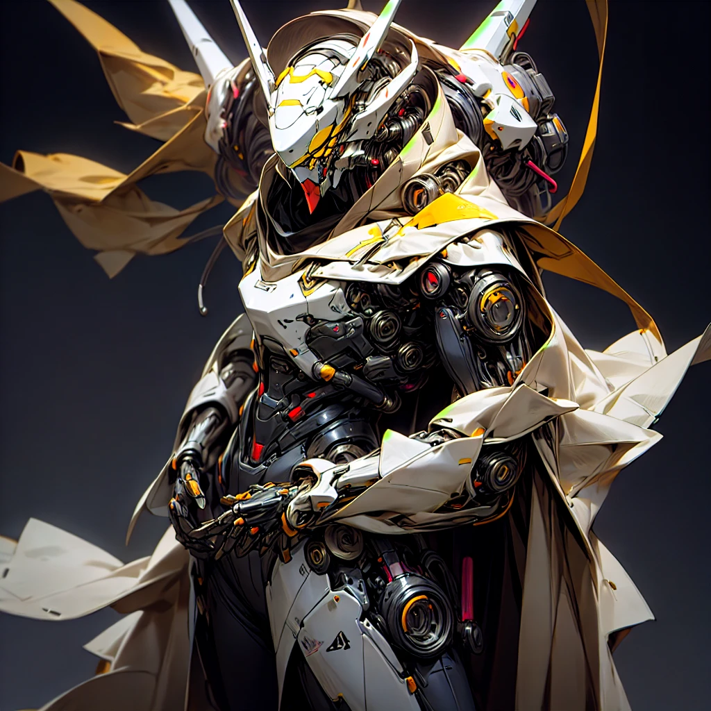 Male Mecha, enigmatic black gold hooded cybernetic neon helmet, and black mask, enigmatic black hardware and nanotubes on cloak, cybernetic chrome hardware, photo realistic, maximum details, :blank :white studio background --chaos 10 --ar 4:5 --stylize 250 --v 6.0