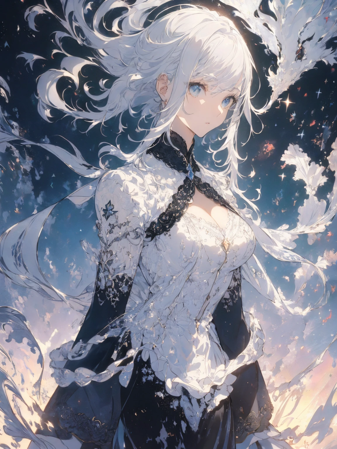 (Landscape photo, with a woman in the bottom right of photo:1.5, in white waterfront:1.5), Masterpiece, best quality, (very detailed CG unity 8k wallpaper), (best quality), High definition RAW color art, Animation,sculptures, (black Marble Skin), (((Ultra detailed elegant))), Magical atmosphere, Detailed skin, Texture,(Intricately detailed, Fine detail, ultra-detail art), depth of fields, Bokeh, Silky Touch, Hyper Detail, beautiful eyes, elegant face, (upper body focus), sparkle background, enormous breast:1.3, (silver hair), pure white, pose, muscle, rose,  ドラマチックな光, looking back, marine