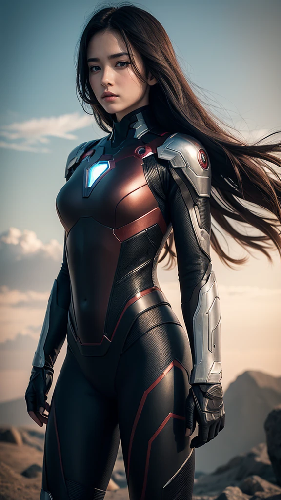 1 beautiful girl, wearing fully black coloured Ironman suit from Marvel movies, long hair, beautiful face, fit body, fighting in sky, 8K quality, super detail image, best quality photo, realistic, masterpiece, 
