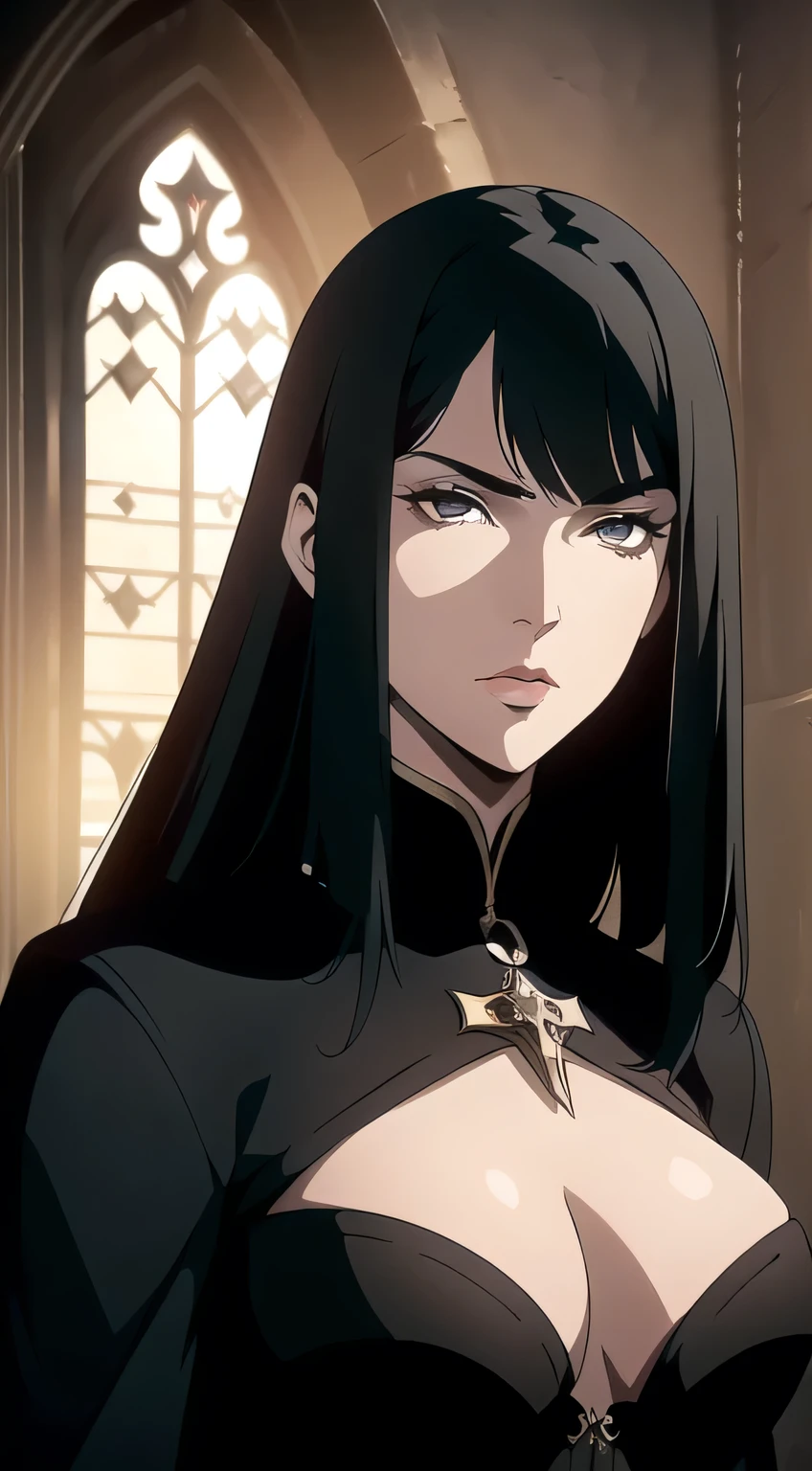 (One Person), (Masterpiece, Best Quality), (A Gorgeous 25 Years Old Female), (long straight black hair with fringe bangs above the eyebrows), (black Eyes), (Fair Skin), (Wearing women's black medieval clothing dress Outfit with and Corsets), (medieval castlevania City Road at Day), (Dynamic Pose), Centered, (Half Body Shot:1.4), From Front Shot, Insane Details, Intricate Face Detail, Intricate Hand Details, Cinematic Shot and Lighting, Realistic and Vibrant Colors, Masterpiece, Sharp Focus, Highly Detailed, Taken with DSLR camera, Depth of Field, Realistic Environment and Scene, Master Composition and Cinematography
