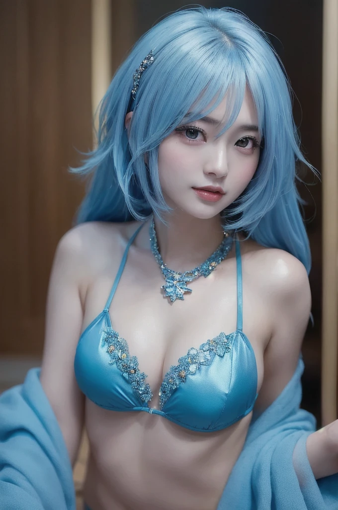 araffed asian woman in a Blue Bikini and a necklace, Bright blue shiny lingerie, Blue skinned, anime girl Cosplay, Smooth blue skin, Enchanting anime girl, pretty girl Blue Hair, Japanese Goddess, Blue Bikini, 短いBlue Hair女性, anime Cosplay, 美しいBlue Hair少女, Blue Hair, Real life anime girls, Cosplay