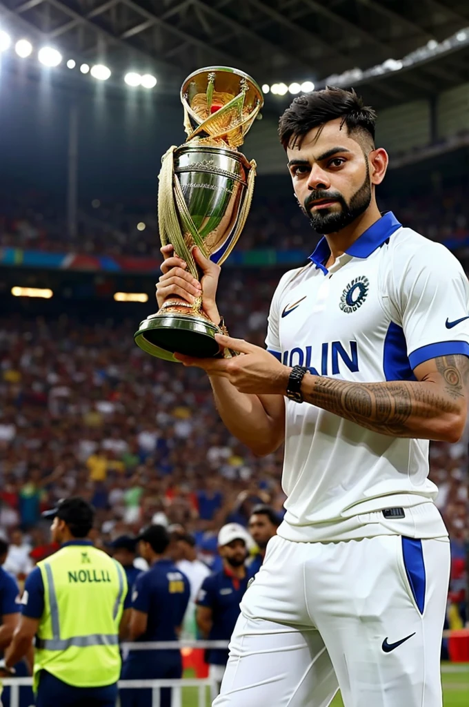 Virat kohli holding world cup trophy in stadium